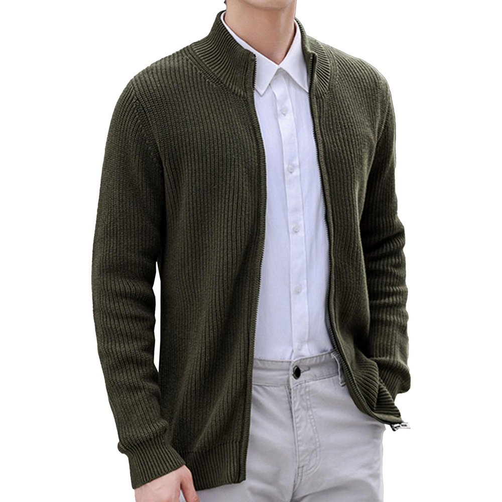 JEShifangjiusu Men's Casual Zip Cardigan Sweaters Unisex Relax Fit Lapel Knitwear Collar Long Sleeve Ribbed Outerwear (Olive Green,Large)