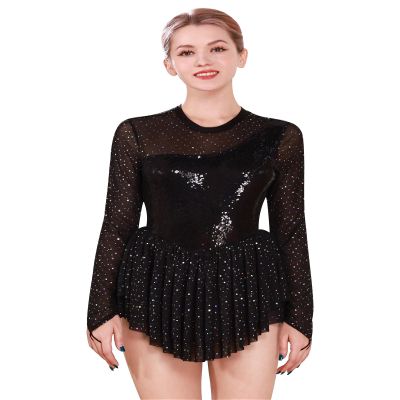 ODASDO Figure Skating Dress for Women Ice Skating Costumes Teenager Girls Mesh Long Sleeve Sparkly Rhinestones Sequin Skirted Leotard Gymnastics Competition Ballet Outfit Dancewear Black S