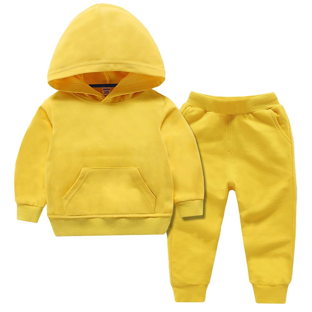 Baby Toddler Kid Boy Girl Solid Casual Pocket Hoodie Sweatershirt Pullover+Sweatpants Jogger Sweatsuit Outfits Set(Yellow, 18-24 Months)