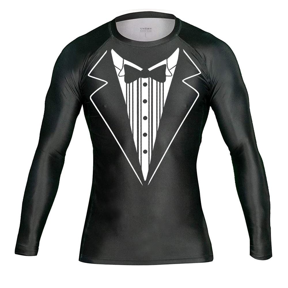 DEHAHA Men Women Funny Tuxedo Fitness Long Sleeve Rash Guard Grappling MMA Fight Wear, X-Large