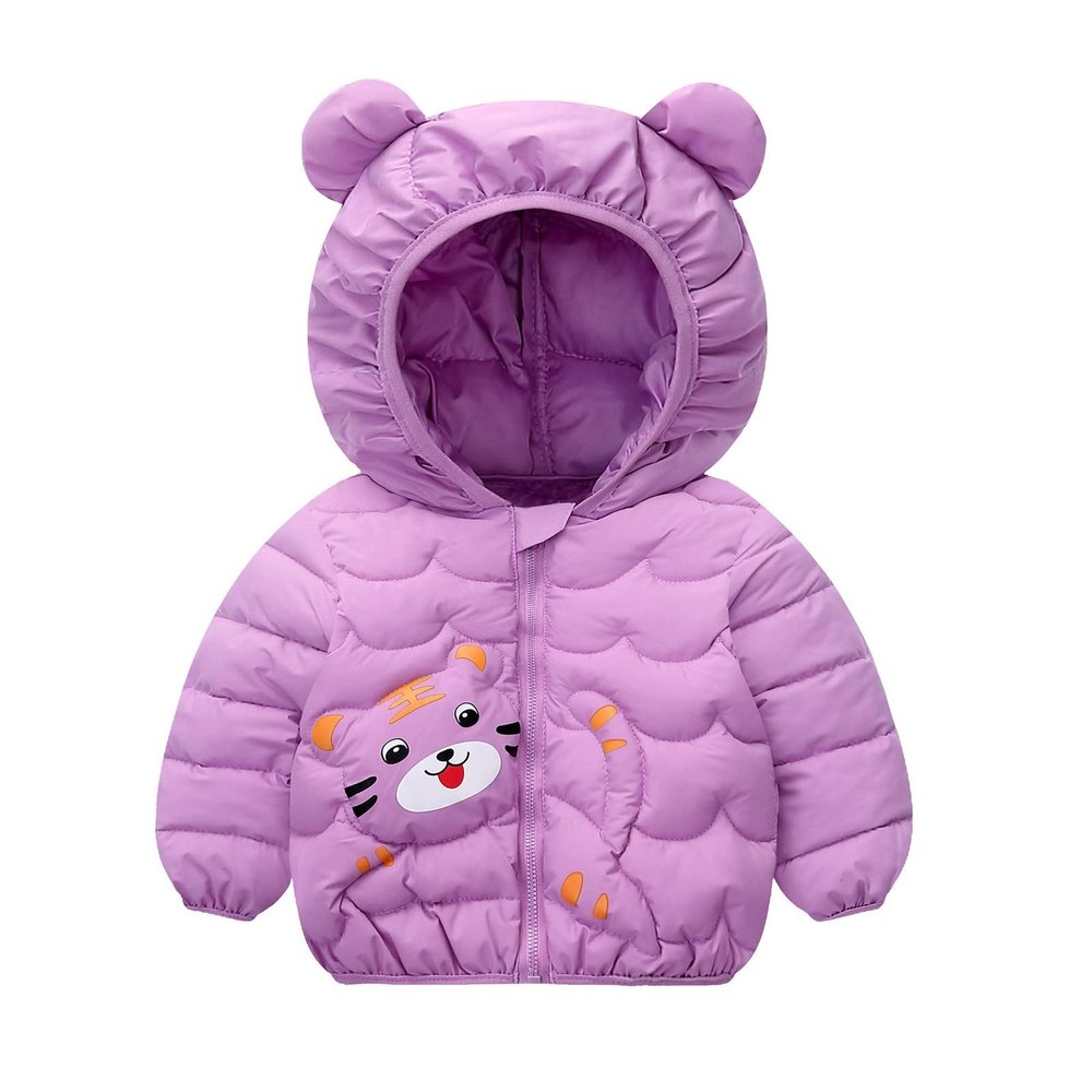 Toddler Boys Girls Puffer Packable Jacket Lightweight Water-Resistant Ears Dinosaur Prints Zip Hooded Kids Parka Coat(b-Purple, 18-24 Months)