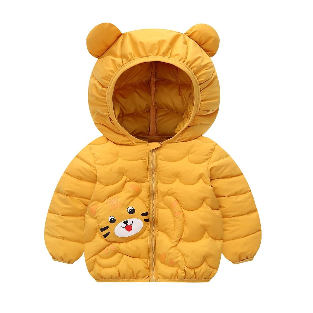 Toddler Boys Girls Puffer Packable Jacket Lightweight Water-Resistant Ears Dinosaur Prints Zip Hooded Kids Parka Coat(b-Yellow, 12-18 Months)