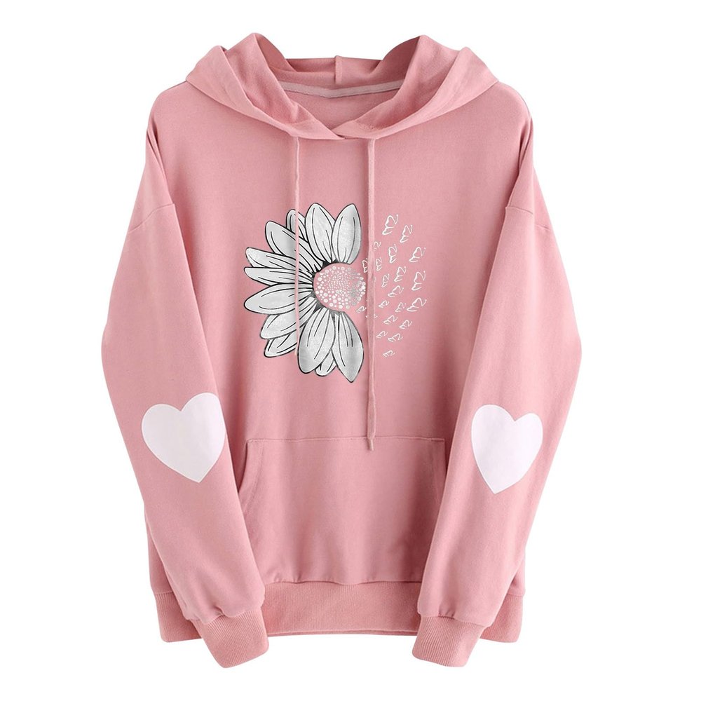 Chrysanthemum Printed Hoodies for Women Loose Comfy Casual Sweatshirt Fall Outdoor Pullovers Fashion Tops with Pocket A-Pink