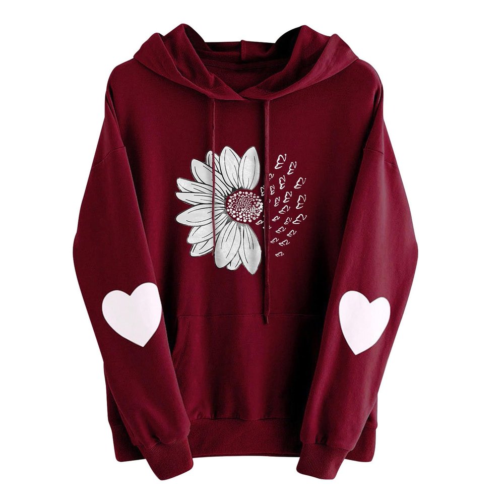 Chrysanthemum Printed Hoodies for Women Loose Comfy Casual Sweatshirt Fall Outdoor Pullovers Fashion Tops with Pocket A-red