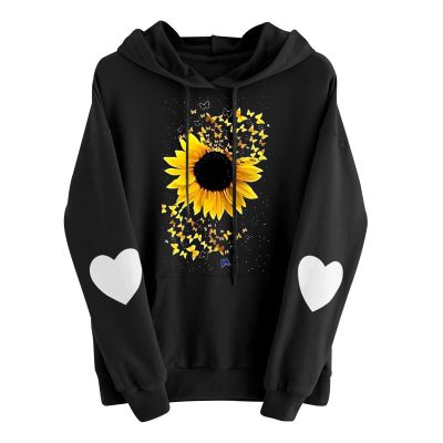 Chrysanthemum Printed Hoodies for Women Loose Comfy Casual Sweatshirt Fall Outdoor Pullovers Fashion Tops with Pocket C-Black