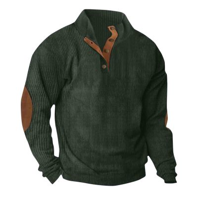 Rkwins Sweatshirts for Men Quarter Button Pullover Corduroy Long Sleeve Shirt Vintage Outdoor Sweatshirt Stand Collar Blouse Mint Green