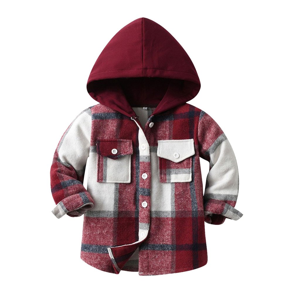Toddler Kids Plaid Shacket Jacket Boys Girls Flannel Shirts Long Sleeve Button Down Hooded Jackets Warm Coat(B, 3-6 Months)