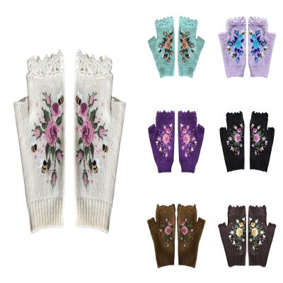2024 Hand Crochet Gloves for Women Ethnic Embroidery Knitted Fingerless Mittens Winter Cold Weather Arm Warmer (A, One Size)