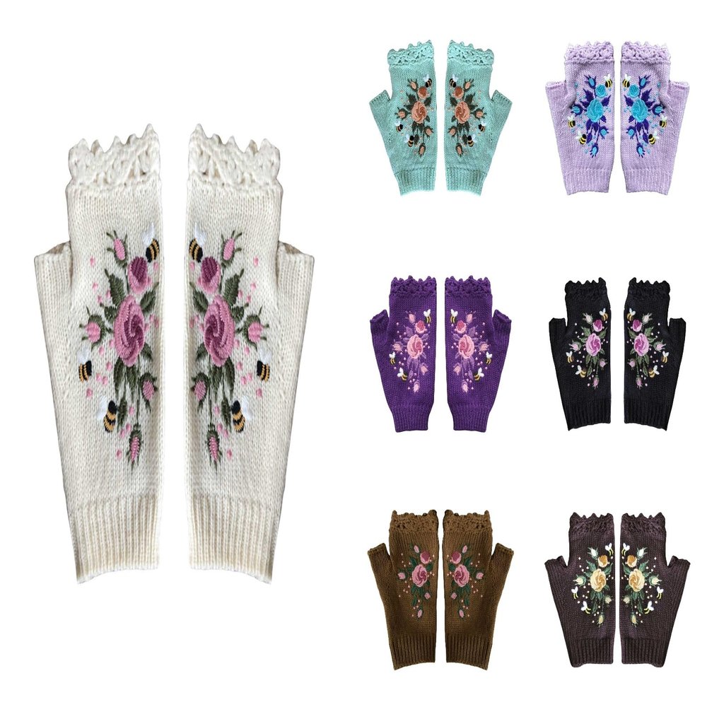 2024 Hand Crochet Gloves for Women Ethnic Embroidery Knitted Fingerless Mittens Winter Cold Weather Arm Warmer (A, One Size)