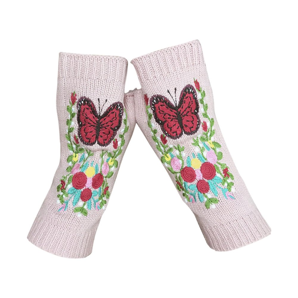 Wrist Warmer for Women Winter Knitted Fingerless Gloves Floral Embroidered Half Finger Cold Weather Mittens (a-Pink, One Size)