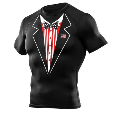 DEHAHA Men Women Funny Tuxedo Fitness Short Sleeve Rash Guard Grappling MMA Fight Wear, X-Large