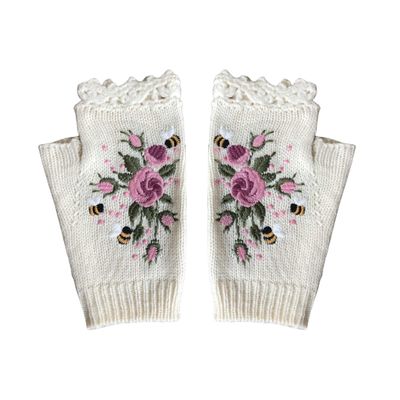 2024 Hand Crochet Gloves for Women Ethnic Embroidery Knitted Fingerless Mittens Winter Cold Weather Arm Warmer (White, One Size)