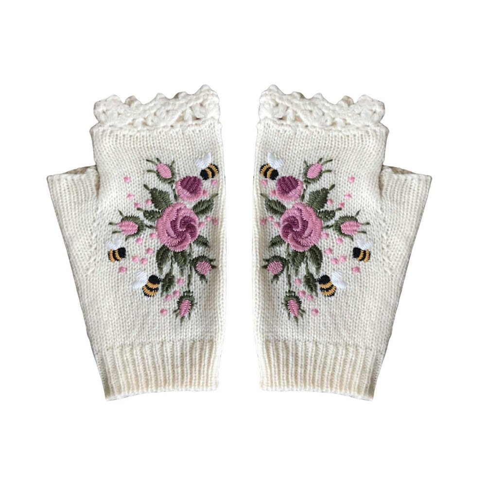 2024 Hand Crochet Gloves for Women Ethnic Embroidery Knitted Fingerless Mittens Winter Cold Weather Arm Warmer (White, One Size)