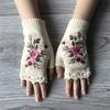 2024 Hand Crochet Gloves for Women Ethnic Embroidery Knitted Fingerless Mittens Winter Cold Weather Arm Warmer (White, One Size) view 4