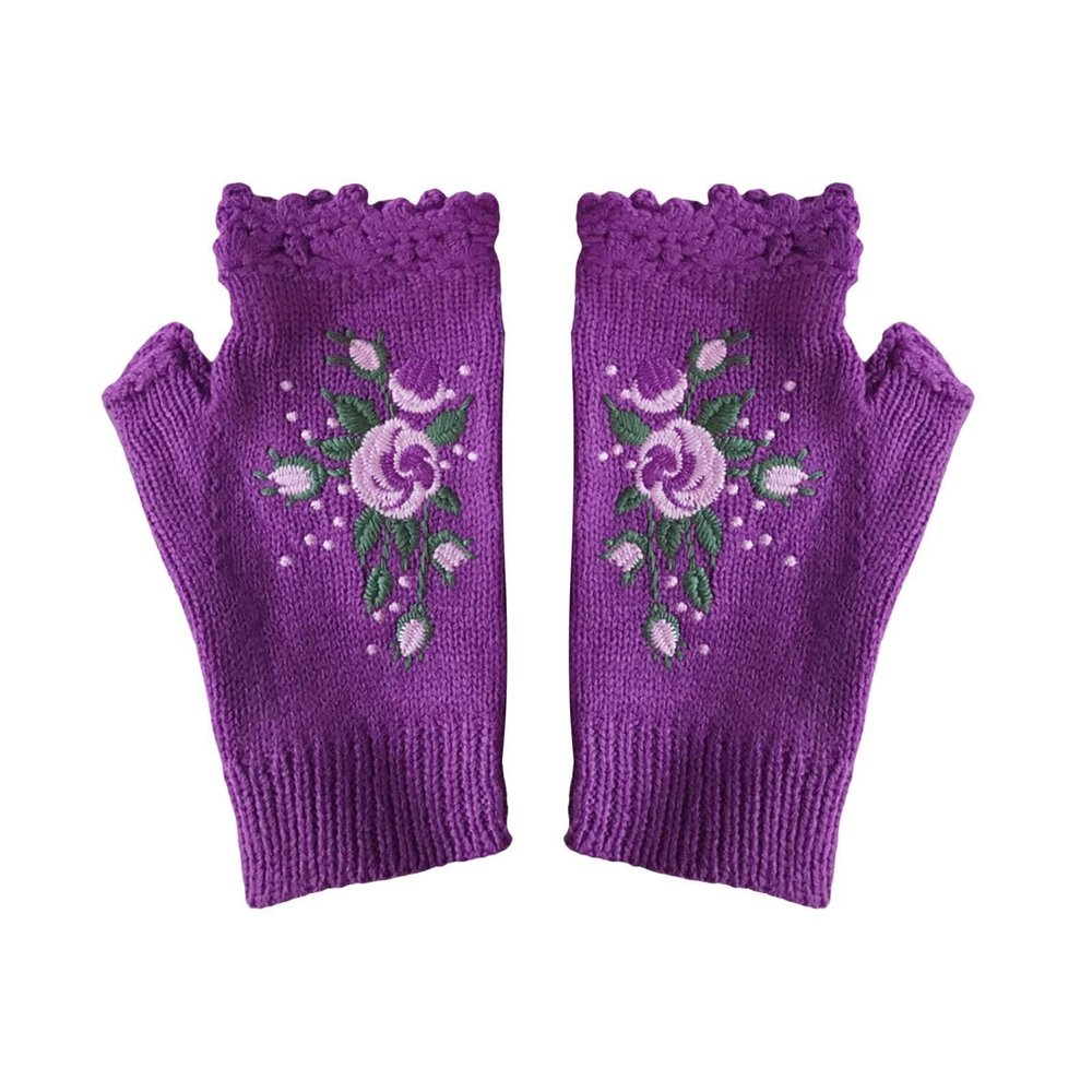 2024 Hand Crochet Gloves for Women Ethnic Embroidery Knitted Fingerless Mittens Winter Cold Weather Arm Warmer (Purple, One Size)