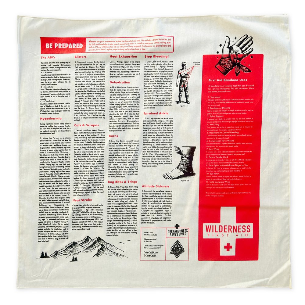 Colter Co. 100% Cotton Wilderness First Aid Survival Bandana, Printed with First Aid Information, American Made