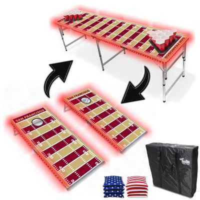 2-in-1 Cornhole Boards & Party Pong Table w/LED Lights - San Francisco Football Field