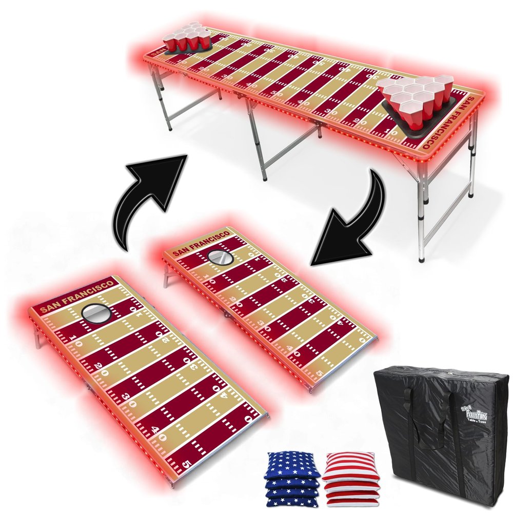 2-in-1 Cornhole Boards & Party Pong Table w/LED Lights - San Francisco Football Field