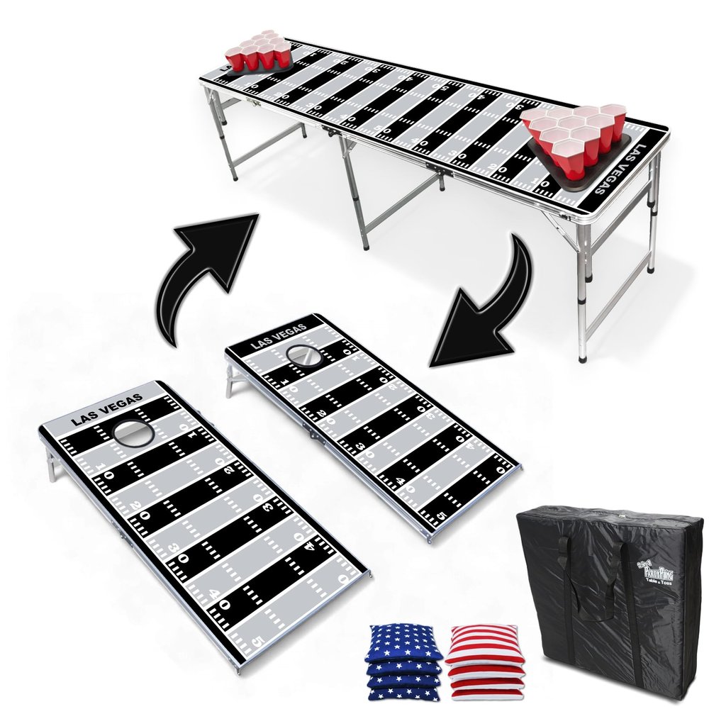2-in-1 Cornhole Boards & Party Pong Table - Las Vegas Football Field