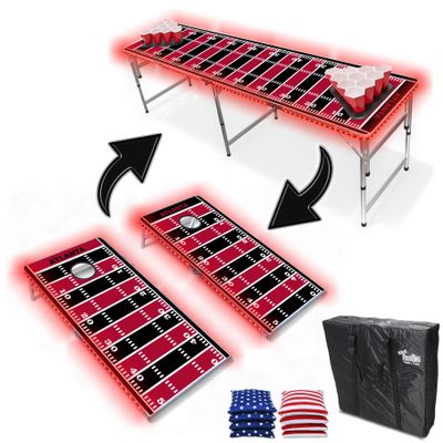 2-in-1 Cornhole Boards & Party Pong Table w/LED Lights - Atlanta Football Field