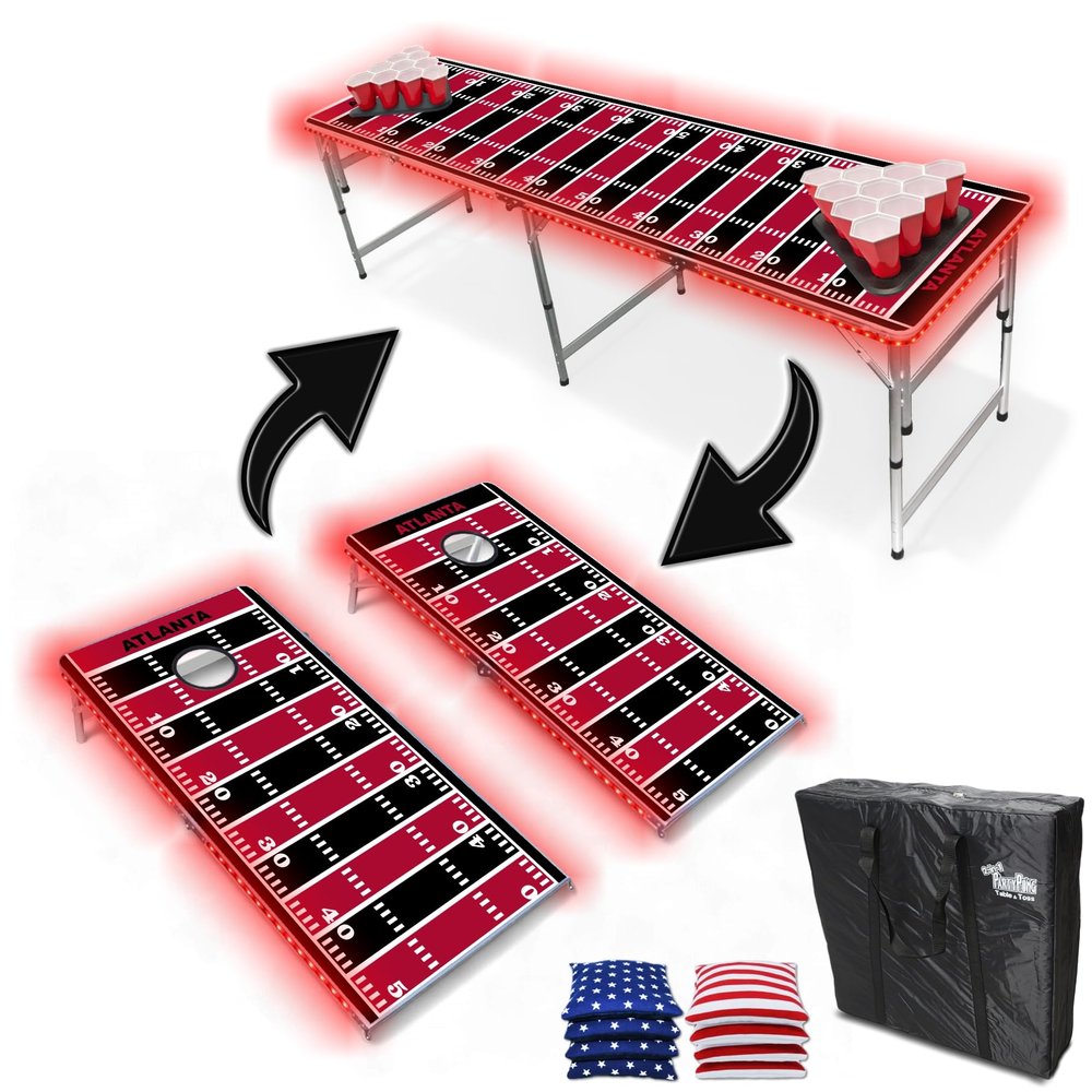 2-in-1 Cornhole Boards & Party Pong Table w/LED Lights - Atlanta Football Field