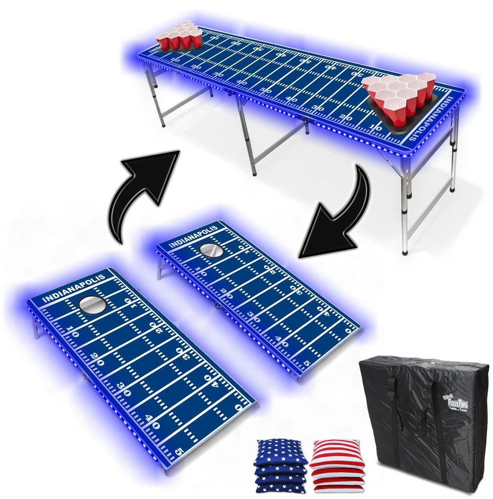 2-in-1 Cornhole Boards & Party Pong Table w/LED Lights - Indianapolis Football Field