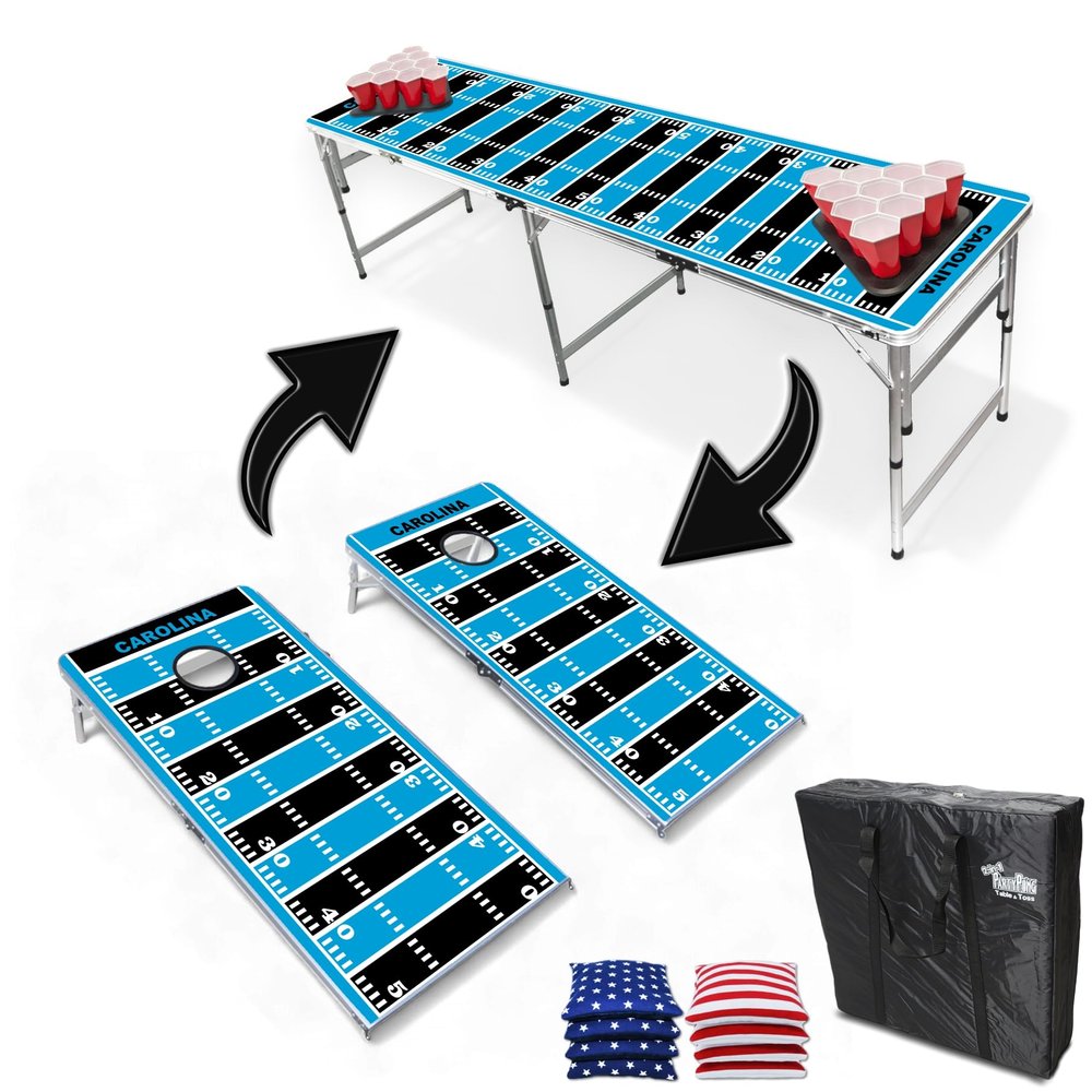 2-in-1 Cornhole Boards & Party Pong Table - Carolina Football Field