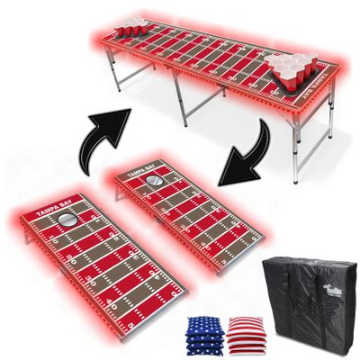 2-in-1 Cornhole Boards & Party Pong Table w/LED Lights - Tampa Bay Football Field