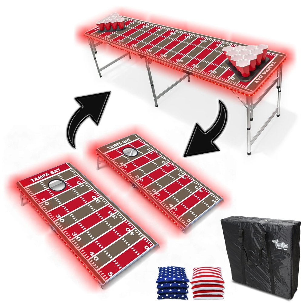 2-in-1 Cornhole Boards & Party Pong Table w/LED Lights - Tampa Bay Football Field