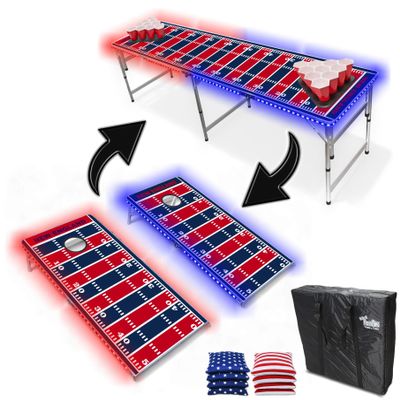 2-in-1 Cornhole Boards & Party Pong Table w/LED Lights - New England Football Field