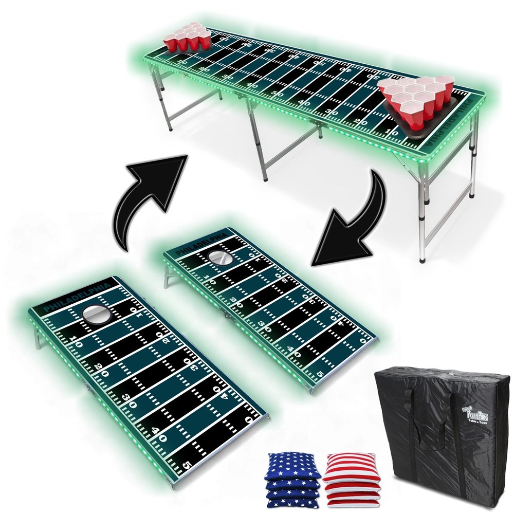 2-in-1 Cornhole Boards & Party Pong Table w/LED Lights - Philadelphia Football Field