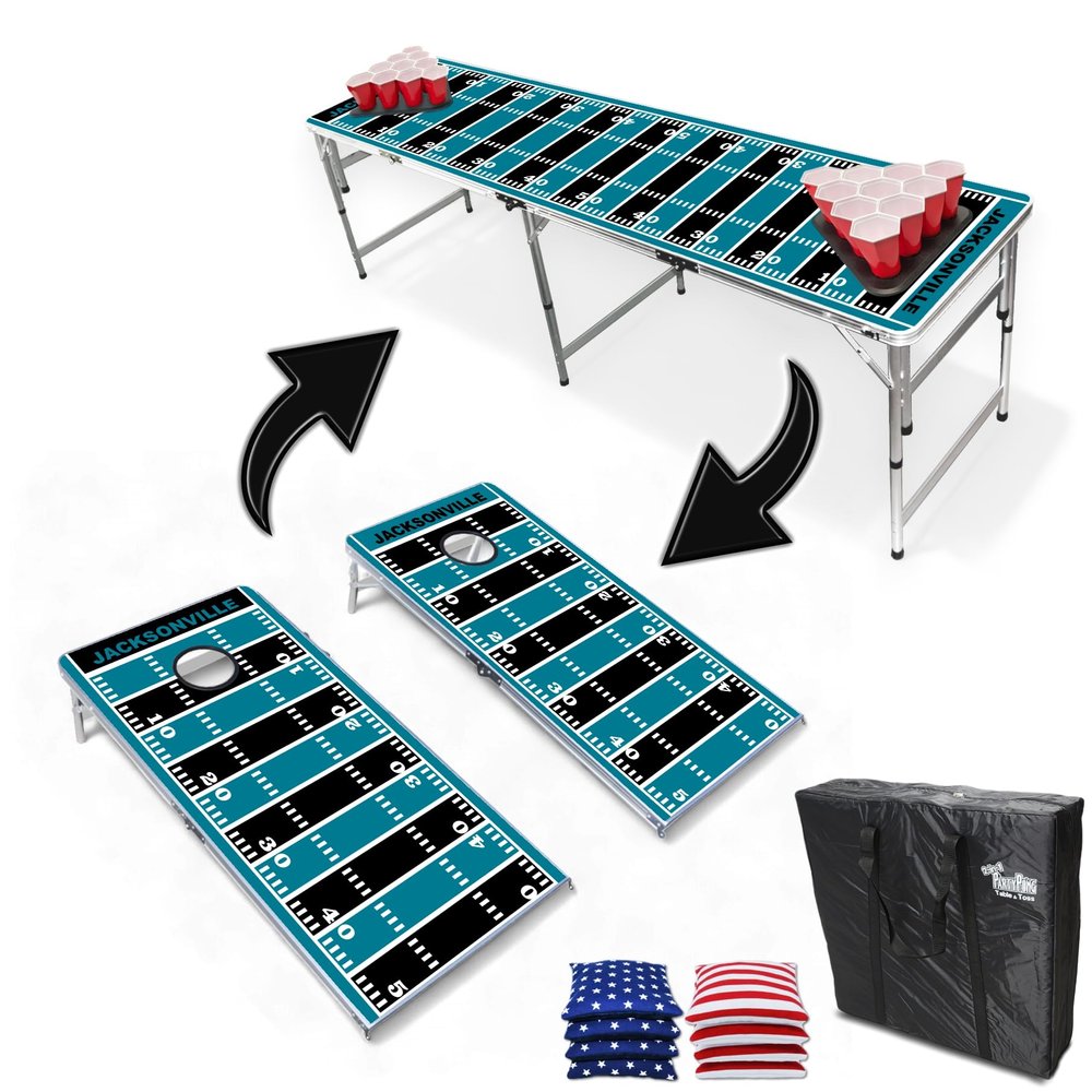 2-in-1 Cornhole Boards & Party Pong Table - Jacksonville Football Field