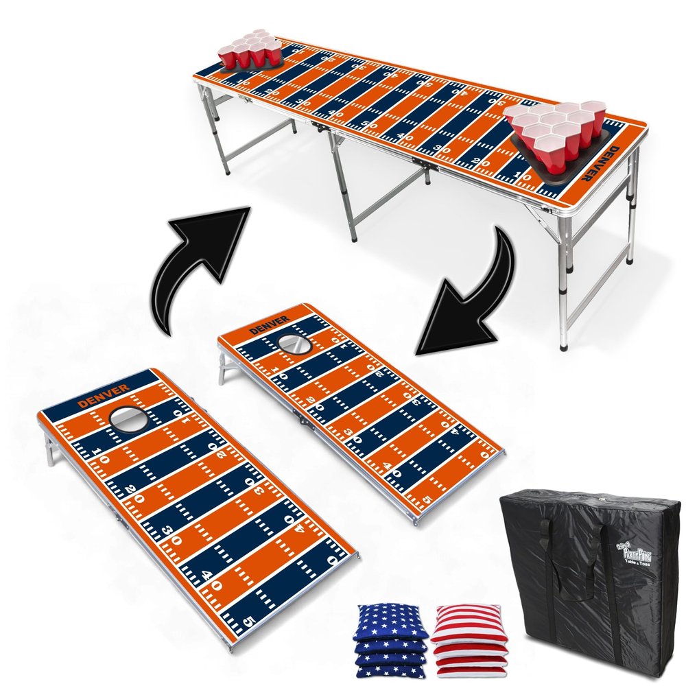 2-in-1 Cornhole Boards & Party Pong Table - Denver Football Field