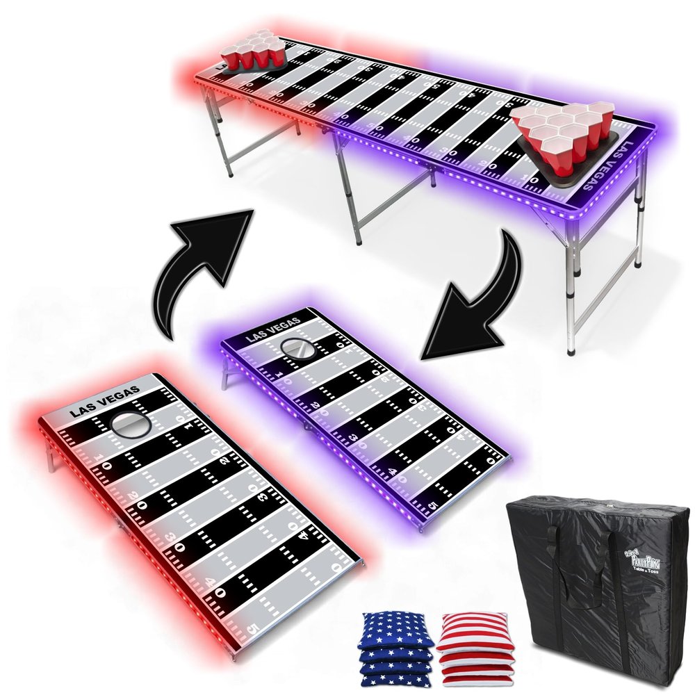 2-in-1 Cornhole Boards & Party Pong Table w/LED Lights - Las Vegas Football Field