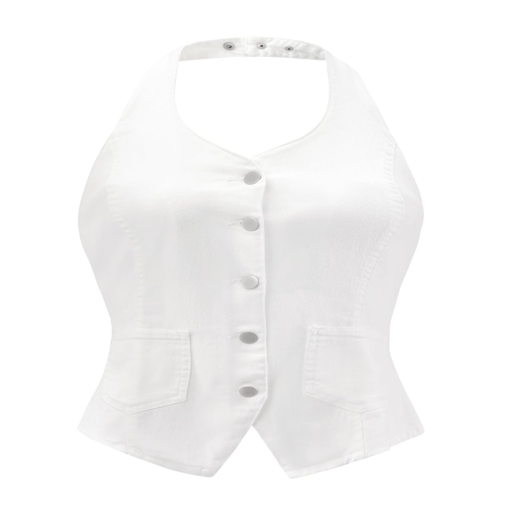 Allegra K Denim Vest for Women's Halter Neck Button Down Backless Jean Waistcoat Medium White