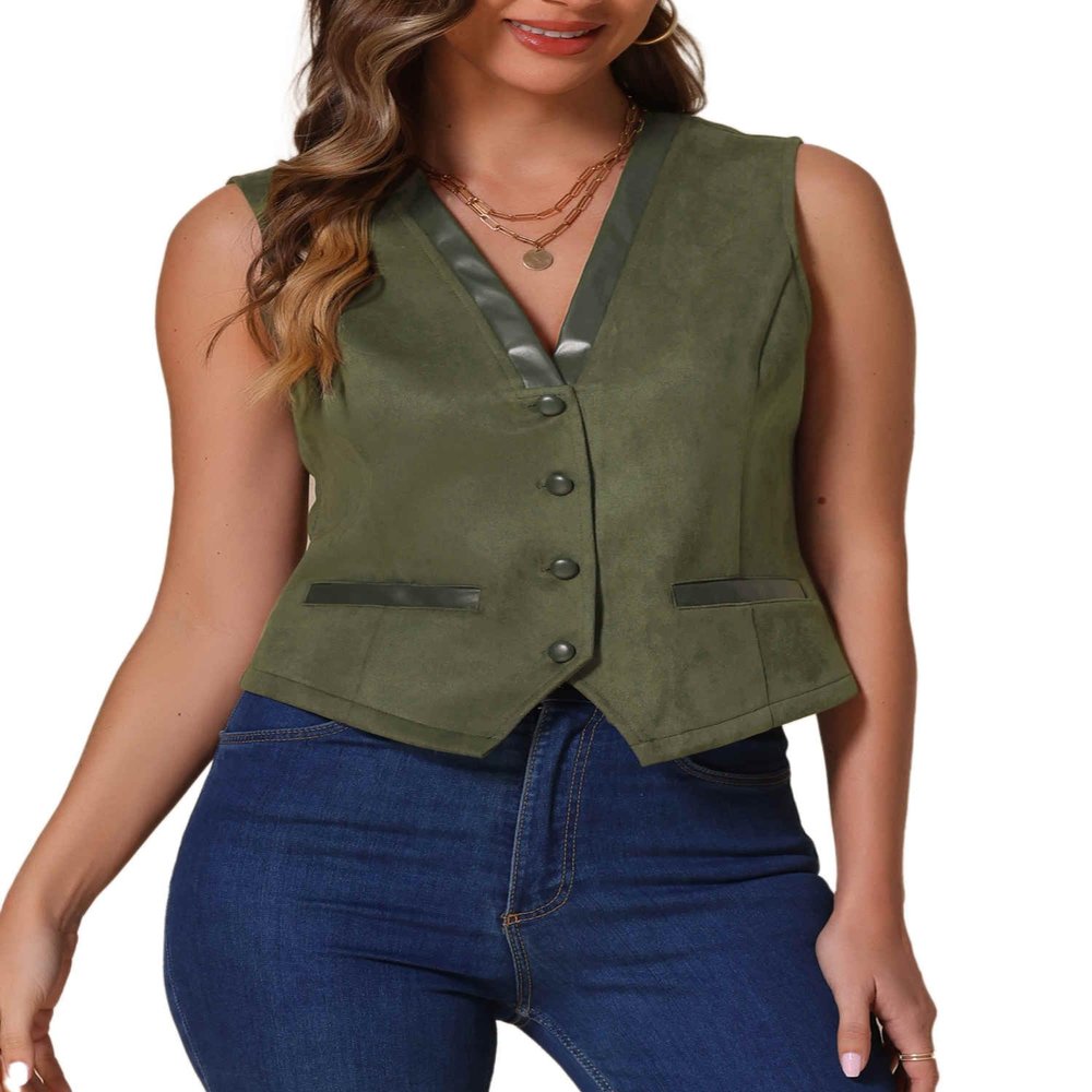 Allegra K Vintage Suit Waistcoat for Women's V Neck Faux Suede Button Down Sleeveless Jacket Vest Small Army Green