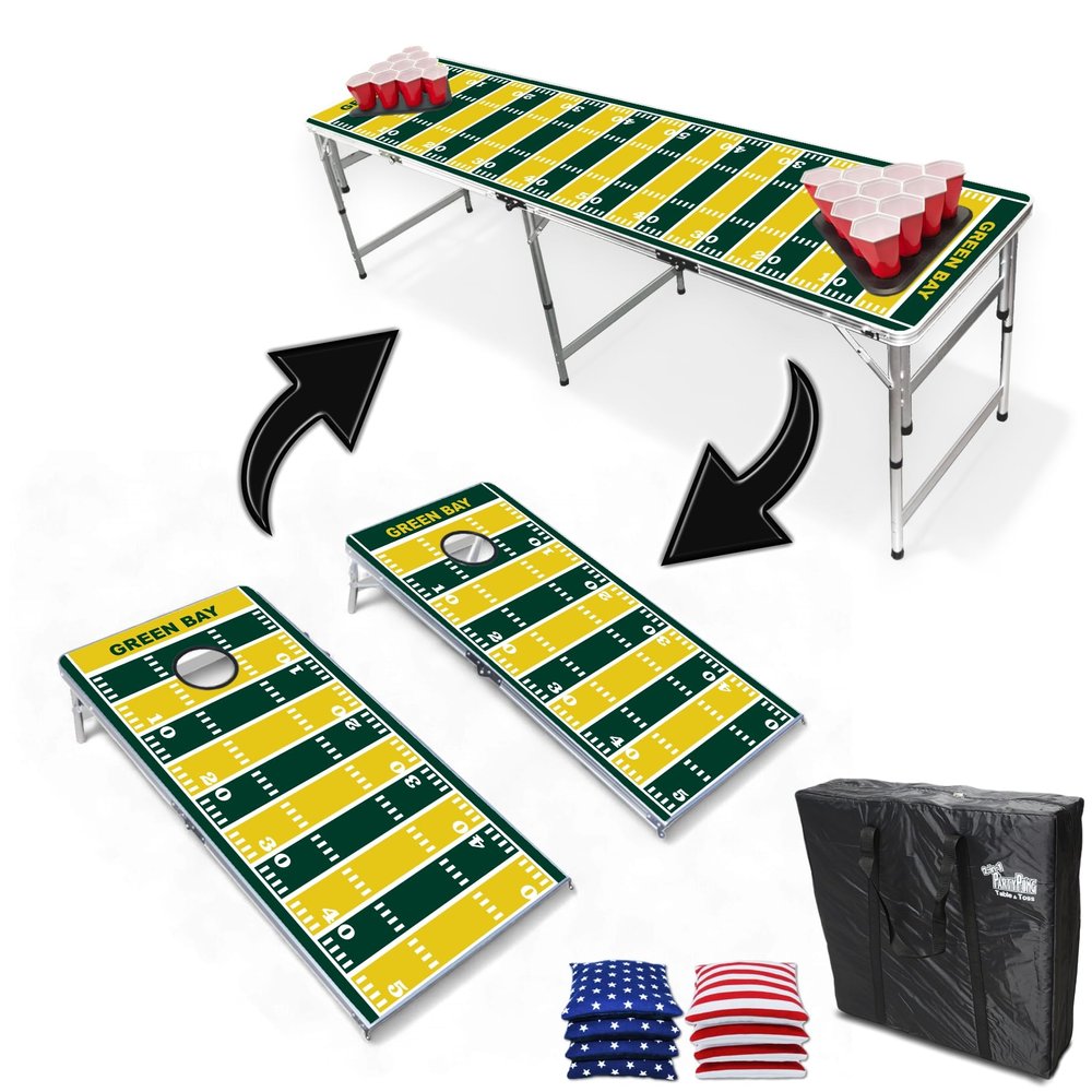 2-in-1 Cornhole Boards & Party Pong Table - Green Bay Football Field