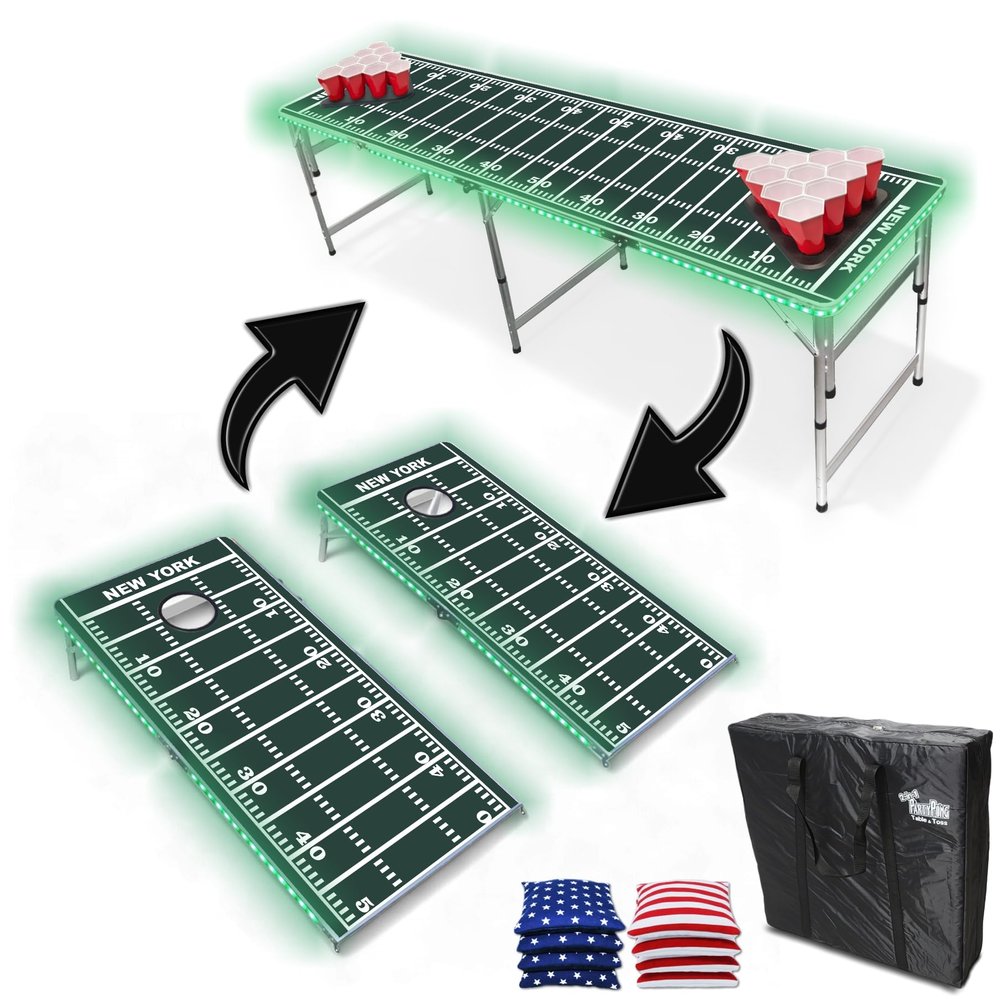 2-in-1 Cornhole Boards & Party Pong Table w/LED Lights - NY Football Field