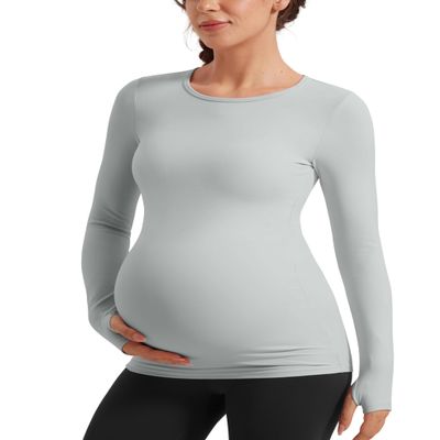 CRZ YOGA Butterluxe Maternity Crewneck Long Sleeve Shirts - Athletic Yoga Casual Pregnancy Womens Tee Tops Basic Layer Soft Sterling Large