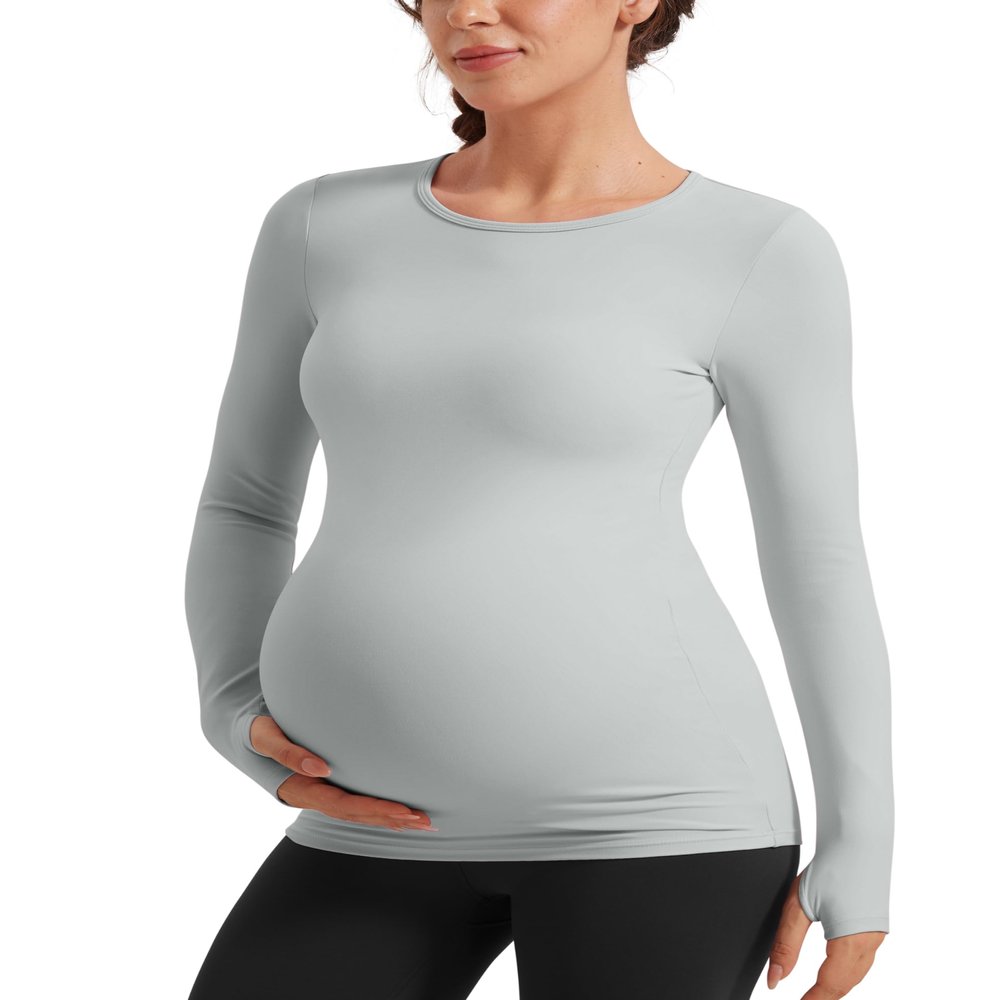 CRZ YOGA Butterluxe Maternity Crewneck Long Sleeve Shirts - Athletic Yoga Casual Pregnancy Womens Tee Tops Basic Layer Soft Sterling Large