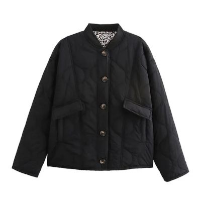 Dawery Vintage Quilted Padded Coats Women Casual O-neck Single Breasted Long Sleeve Jackets Female Winter Loose Outwear (black,Medium)