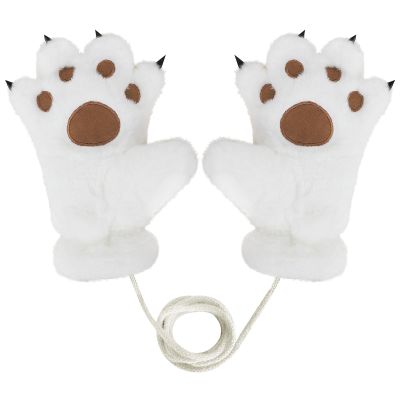 Greenery-GRE Cute Faux Fur Bear Paw Fingerless Mittens for Women Girls Furry Plush Winter Cat Claw Gloves for Halloween Cosplay Costume (Beige, One Size)