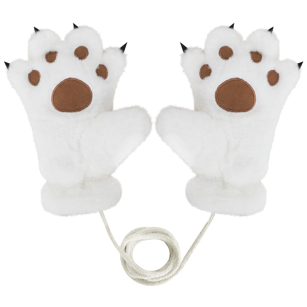 Greenery-GRE Cute Faux Fur Bear Paw Fingerless Mittens for Women Girls Furry Plush Winter Cat Claw Gloves for Halloween Cosplay Costume (Beige, One Size)