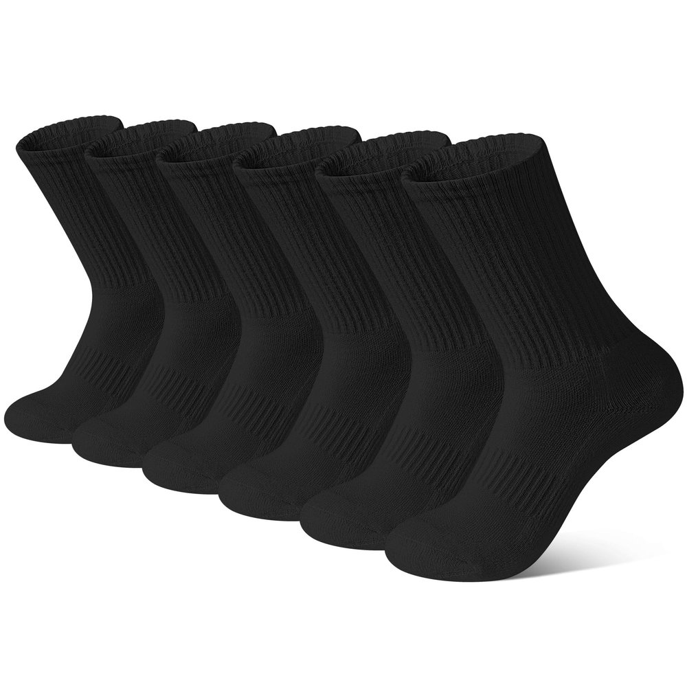 BOOPH 6 Pairs Kids Crew Socks Boys Girls Athletic Cushioned Hiking Sock Warm Soft Running Socks Black 4-7 Years