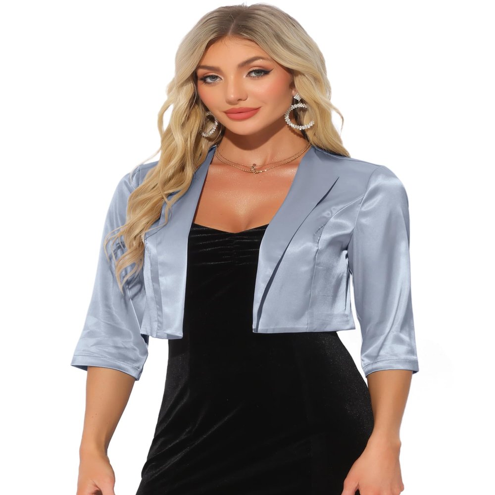 Allegra K Satin Cardigan for Women's Open Front Elegant Formal 3/4 Sleeve Bolero Shrug Jacket Small Grey