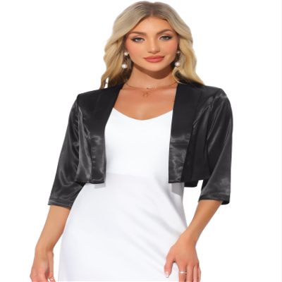 Allegra K Satin Cardigan for Women's Open Front Elegant Formal 3/4 Sleeve Bolero Shrug Jacket X-Large Black