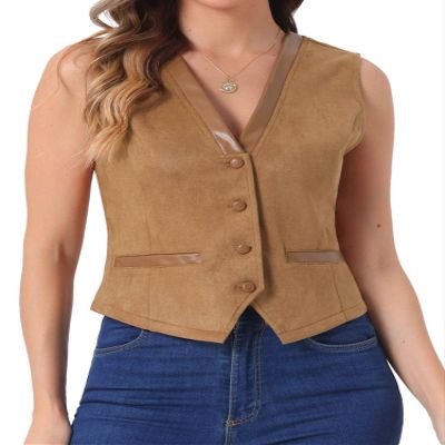 Allegra K Vintage Suit Waistcoat for Women's V Neck Faux Suede Button Down Sleeveless Jacket Vest Large Light Brown