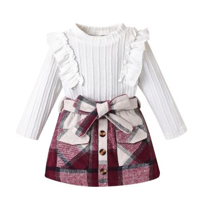 DOMOABEI Girl Clothes 3T Toddler Girl Fall Outfits Cute Ruffled knitted Sweatshirt Tops Girls Dress Plaid Pleated Botton Mini Skirt Bow Belt 3 Piece Fall Winter Girls Outfit White 3-4T