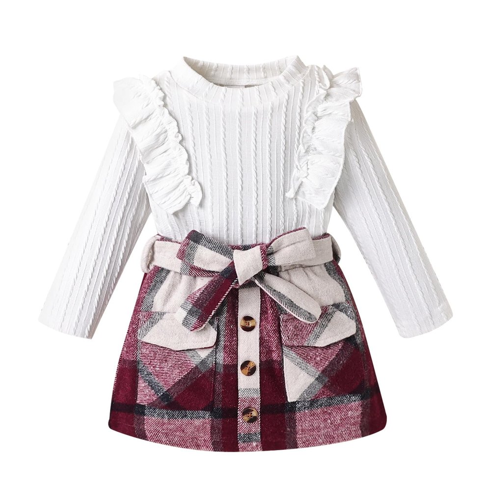 DOMOABEI Girl Clothes 3T Toddler Girl Fall Outfits Cute Ruffled knitted Sweatshirt Tops Girls Dress Plaid Pleated Botton Mini Skirt Bow Belt 3 Piece Fall Winter Girls Outfit White 3-4T