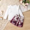 DOMOABEI Girl Clothes 3T Toddler Girl Fall Outfits Cute Ruffled knitted Sweatshirt Tops Girls Dress Plaid Pleated Botton Mini Skirt Bow Belt 3 Piece Fall Winter Girls Outfit White 3-4T view 2